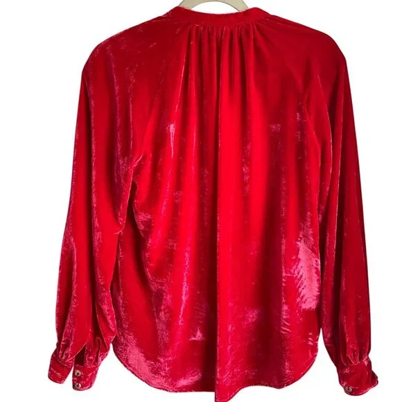 Pilcro Sz Small Coral Red Velvet Button-Down Blouse Top Boho Relaxed - Picture 3 of 9